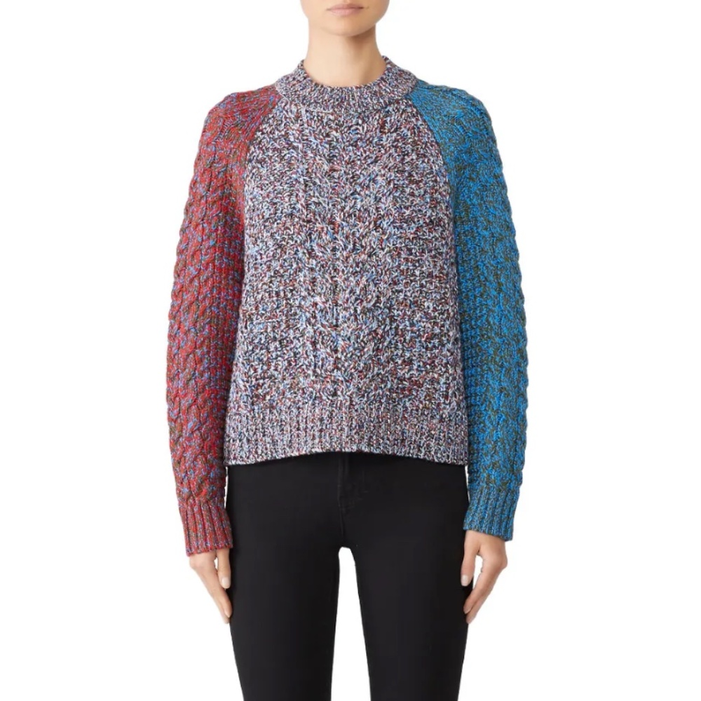 Jil Sander Multicolor Cable Knit Crewneck Sweater with Blue and Red Sleeves